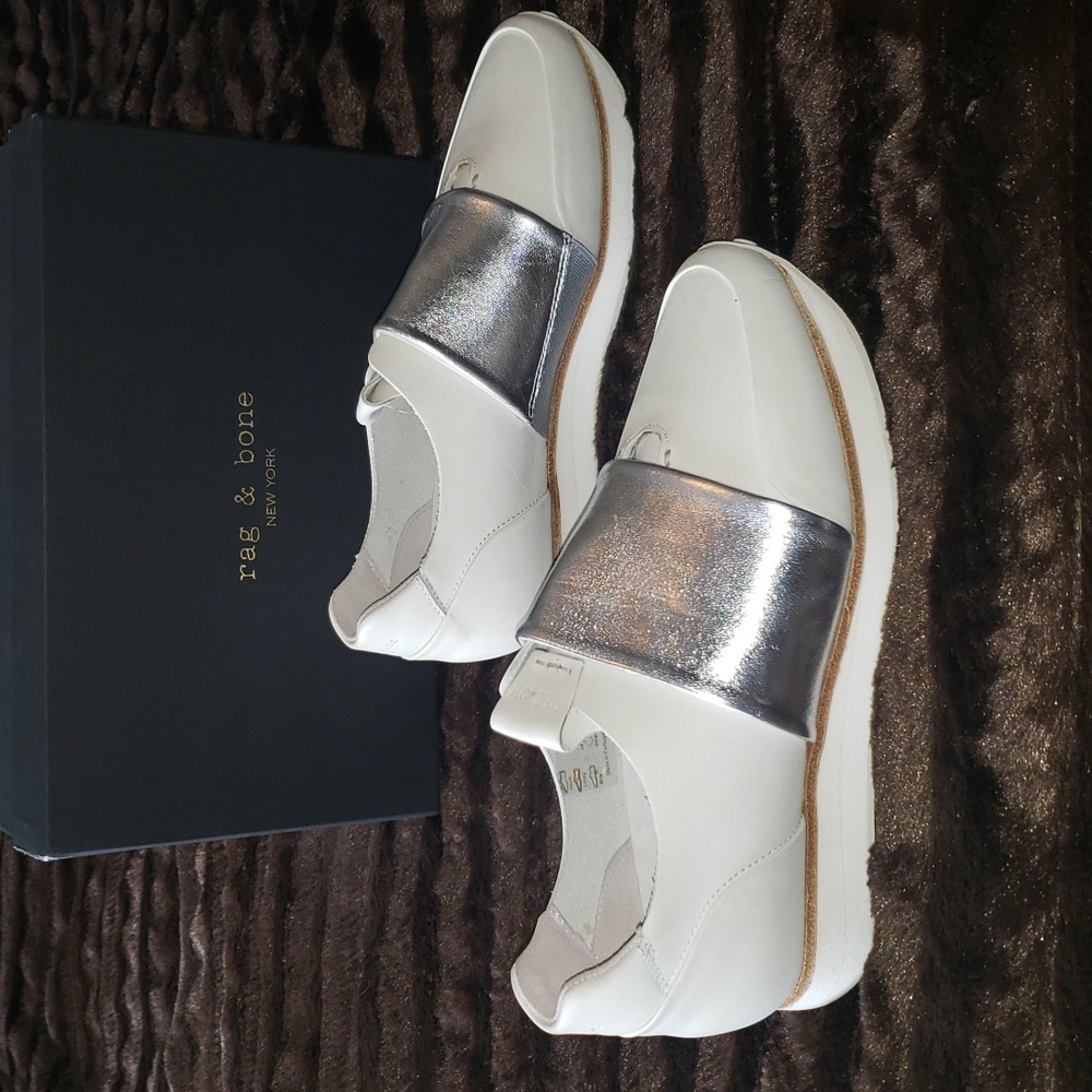 Rag & Bone Dylan Elastic Runner White / Silver 7.5 New with Box